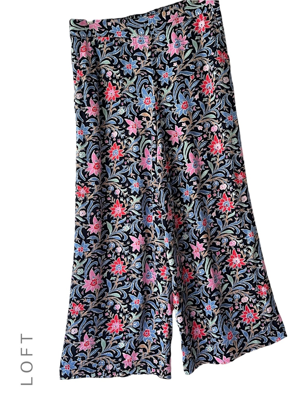 LOFT NWOT FLORAL PULL-ON WIDE LEG FLUID PANTS POCKETS NAVY PINK | SMALL